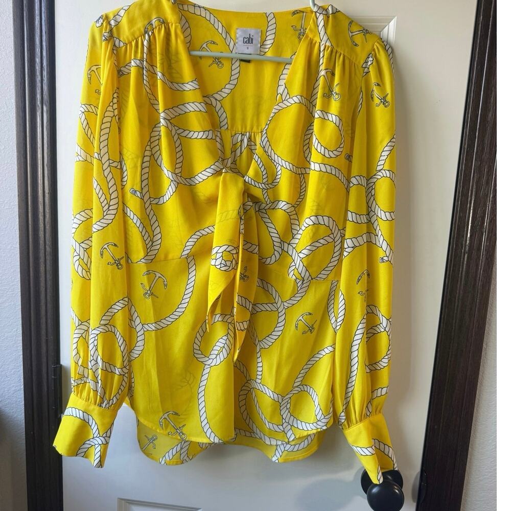 Cabi Yellow Reef Knot Blouse Size S Nautical Anchor Print Tie Neck Top #5707